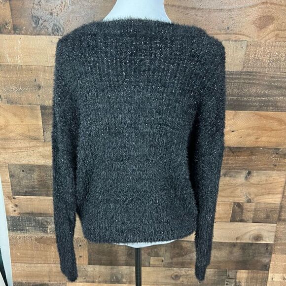 FRNCH Sweater Black Silver Threading Eyelash Knit Crew Neck Long Sleeves M/L - Picture 13 of 16